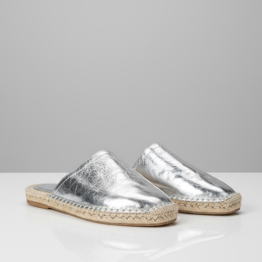 Zara crinkly leather silver metallic espadrille mules